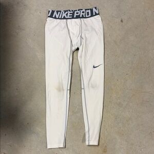 Nike White Compression Leggings with Gray Waistband and Swoosh